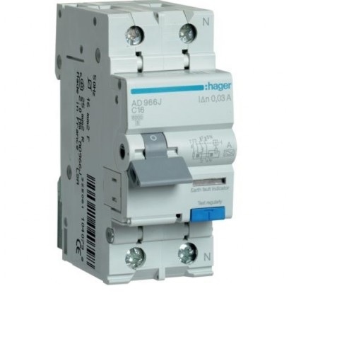 Диференційний автоматичний вимикачичний вимикач Hager AD966J 1+N, 16A, 30 mA, С, 6 КА, A, 2м 27463 фото