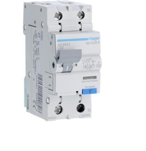 Диференційний автоматичний вимикачичний вимикач Hager AD982J 1+N, 32A, 30 mA, С, 6 КА, A, 2м 27464 фото