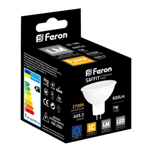 Лампа Feron LED LB-196 MR16 230V 7W 520Lm 16Leds G5.3 2700K 29090 фото