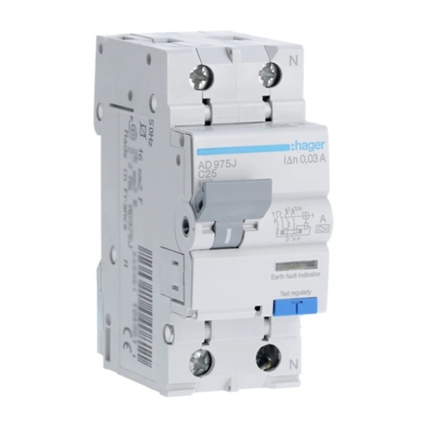 Диференційний автоматичний вимикачичний вимикач Hager AD975J 1+N, 25A, 30 mA, С, 6,0 КА, A, 2м 33676 фото